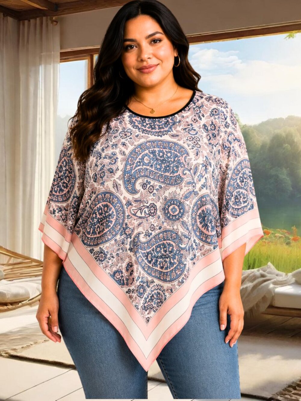 Boho Paisley Poncho Top Blue Pink Handkerchief Hem Flowy Draped Blouse